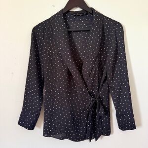 Zara Basics Navy Polka Dot Wrap Blouse Top